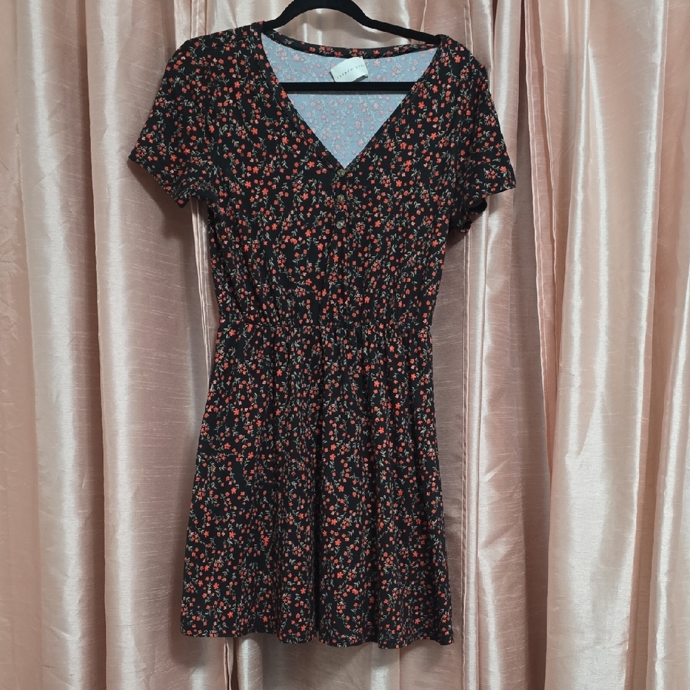French Grey Black and Red Floral Mini Dress